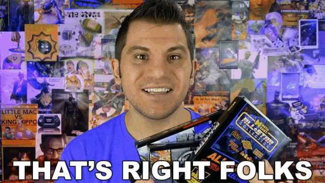 a man holding a book that says that 's right folks on it