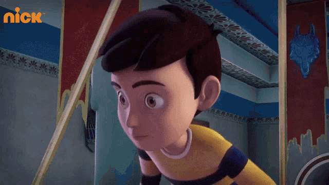 a cartoon boy is standing in front of a wall with the nick logo on it