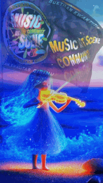 a girl playing a violin in front of a banner that says music scene