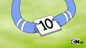 a cartoon character is holding a piece of paper with the number ten on it