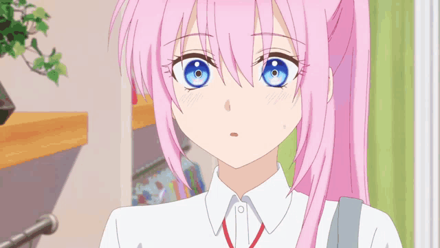 a girl with pink hair and blue eyes is wearing a white shirt and red lanyard