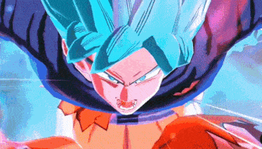 a close up of a cartoon character with blue hair and blue eyes .
