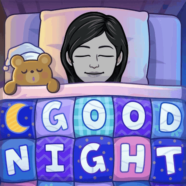 a woman is sleeping in a bed with a teddy bear and a blanket that says good night
