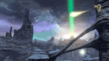a video game scene with a green light coming out of the sky