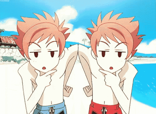 two anime boys are standing next to each other on the beach