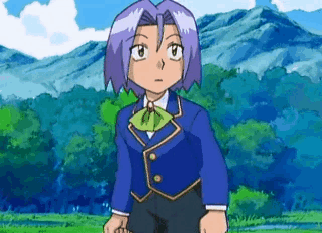 a cartoon character with purple hair and a blue jacket is standing in front of a mountain .