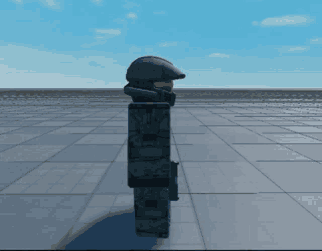 a video game character with a helmet on is standing on a tile floor