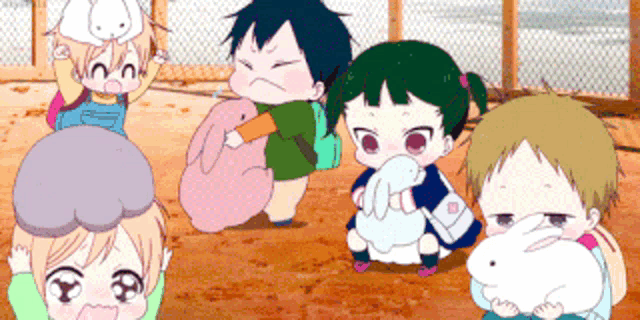 a group of children are standing around a rabbit and a duck
