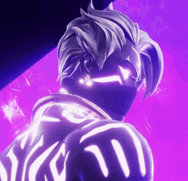a close up of a person 's face with a purple background and glowing eyes .