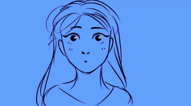 a black and white drawing of a woman with long hair making a sad face .