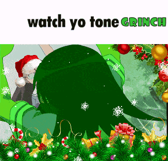 a cartoon of a girl with green hair wearing a santa hat and surrounded by christmas decorations