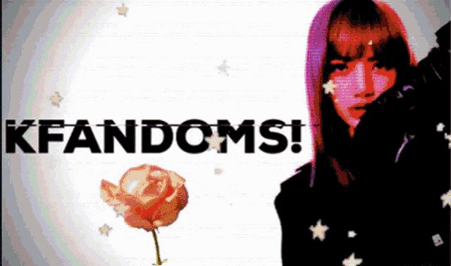 a woman is standing in front of a sign that says " kfandoms "