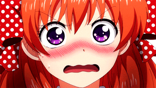 a girl with red hair and purple eyes is wearing a red and white polka dot bow