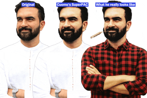 a man with a beard and a plaid shirt has a wheat stick in his mouth and says cuomo 's superpac