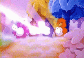 a group of care bears are standing next to each other in the clouds .