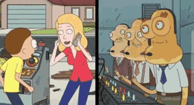 a cartoon of a woman talking on a cell phone next to a group of cartoon characters