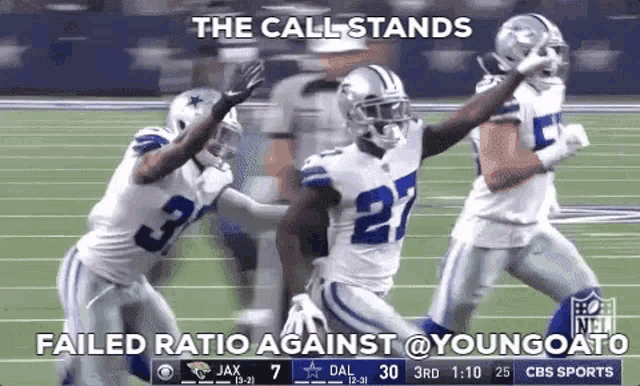 a group of football players are on a field with the caption " the call stands failed ratio against @youngoato "