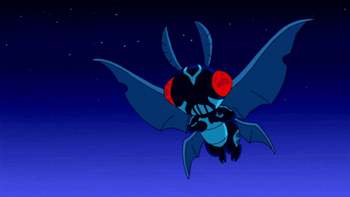 a blue cartoon character with red eyes is flying through the air