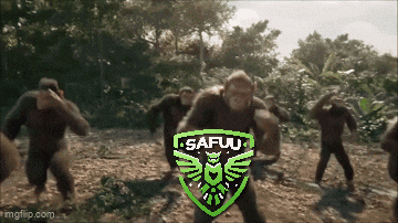 a group of chimpanzees are running in a field with a safuu logo in the foreground