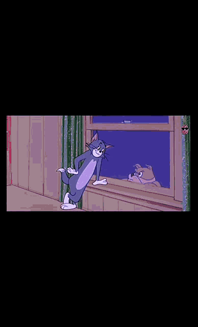 a cartoon of tom and jerry standing next to each other in front of a window