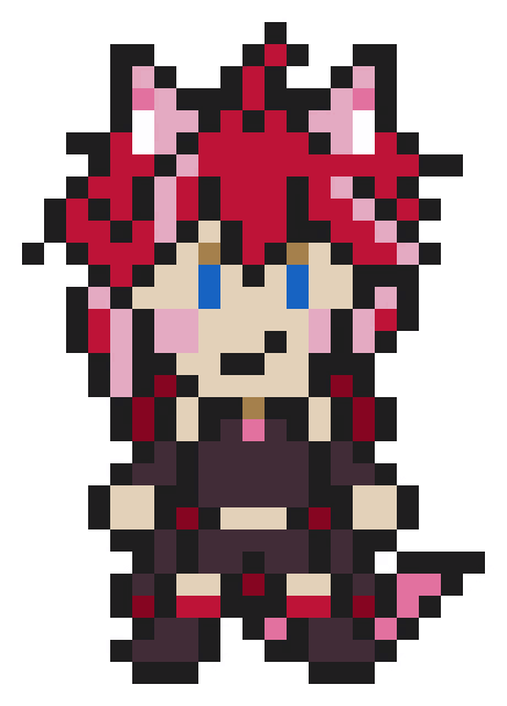 a pixel art drawing of a girl with pink hair and blue eyes