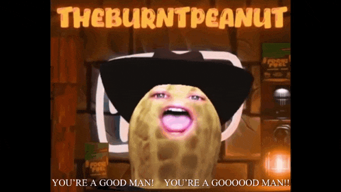 a cartoon of a peanut wearing a cowboy hat with the words " the burnt peanut " above it