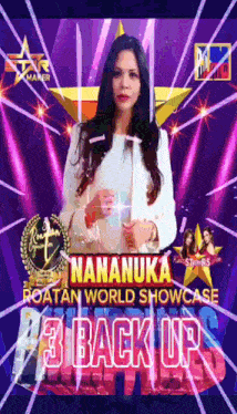 a woman is standing in front of a purple background that says " nananuka " on it