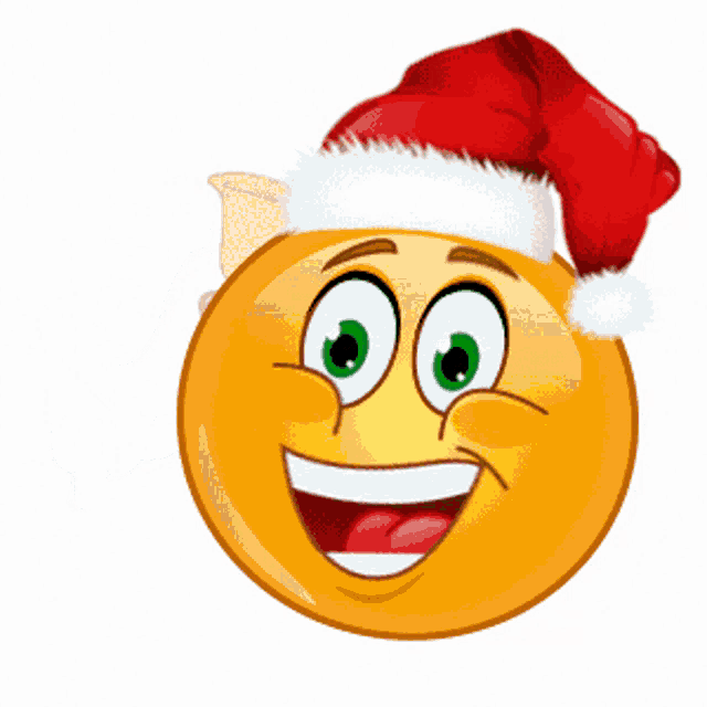 a smiley face wearing a santa hat holding a bell