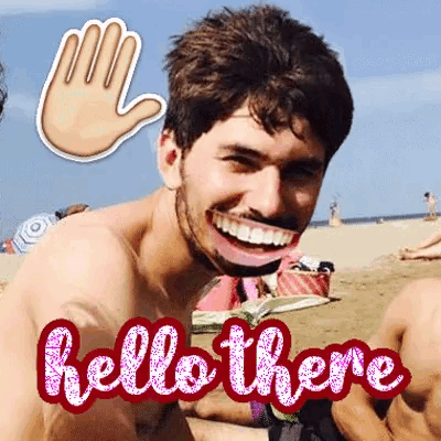 a picture of a shirtless man on the beach with the words hello there