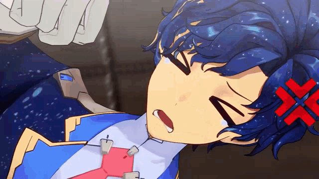 a cartoon character with blue hair and a red x on his forehead