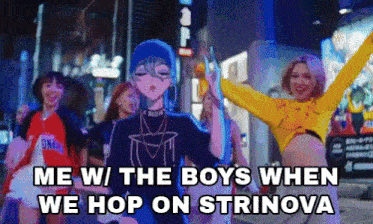 a group of girls are dancing on a street with a caption that says me w / the boys when we hop