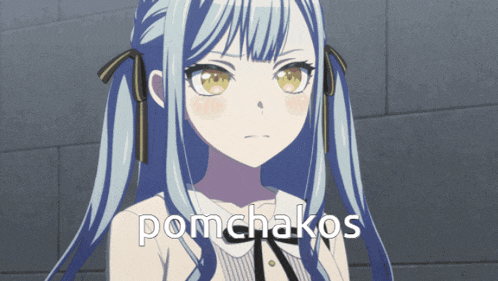 a picture of a girl with pomchakos written in white letters
