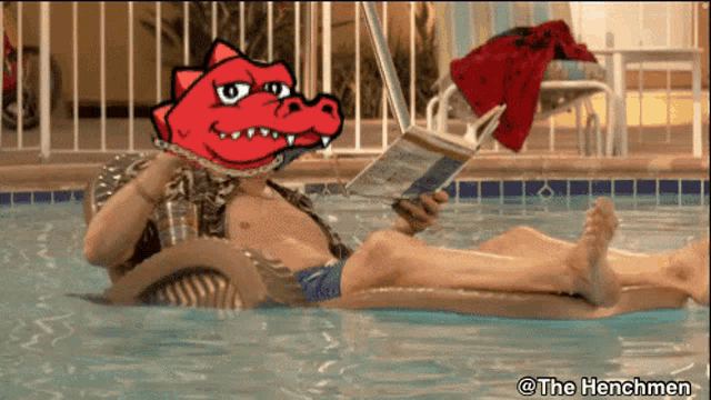 a cartoon of a man reading a book in a pool with the henchmen logo
