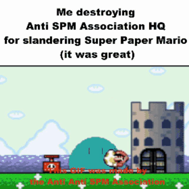 a screenshot of a video game with the words me destroying anti spm association hq