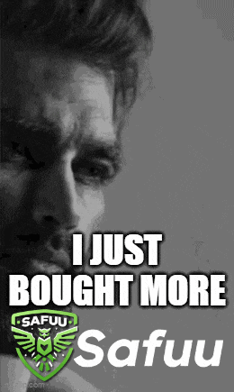 a black and white photo of a man with the words i just bought more safuu