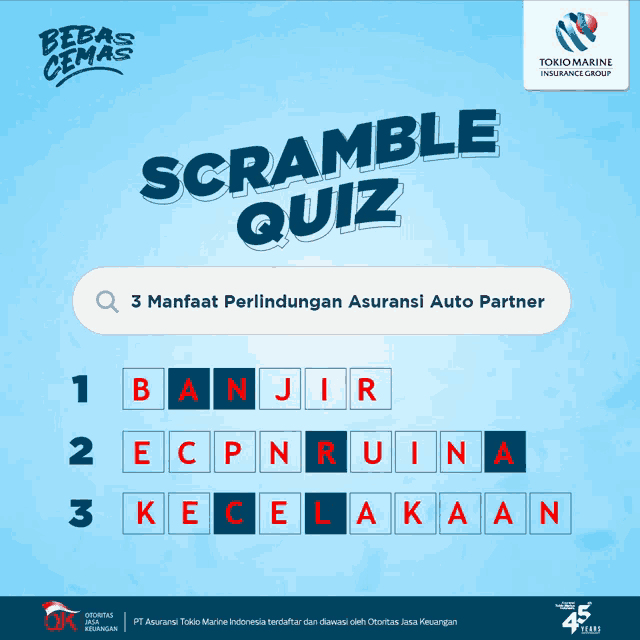 a blue background with scrabble quiz written in red