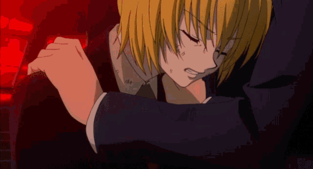 a yellow haired anime character is being held by a man