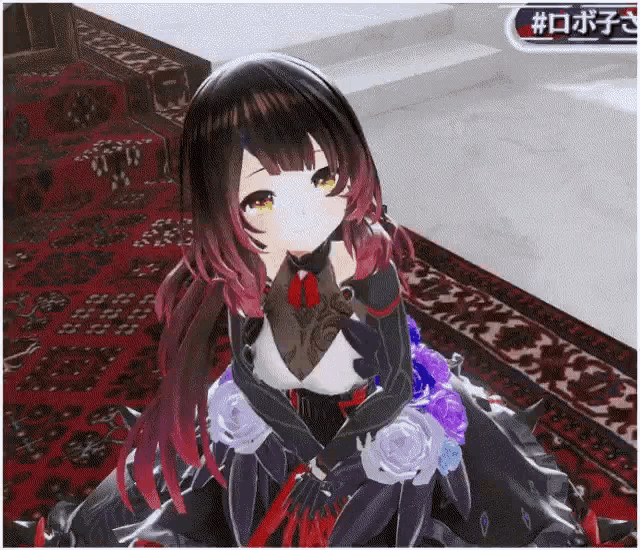 a 3d anime girl is sitting on a rug on the floor .
