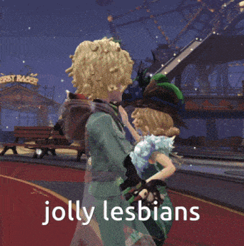 a couple of cartoon characters standing next to each other with the words jolly lesbians written below them