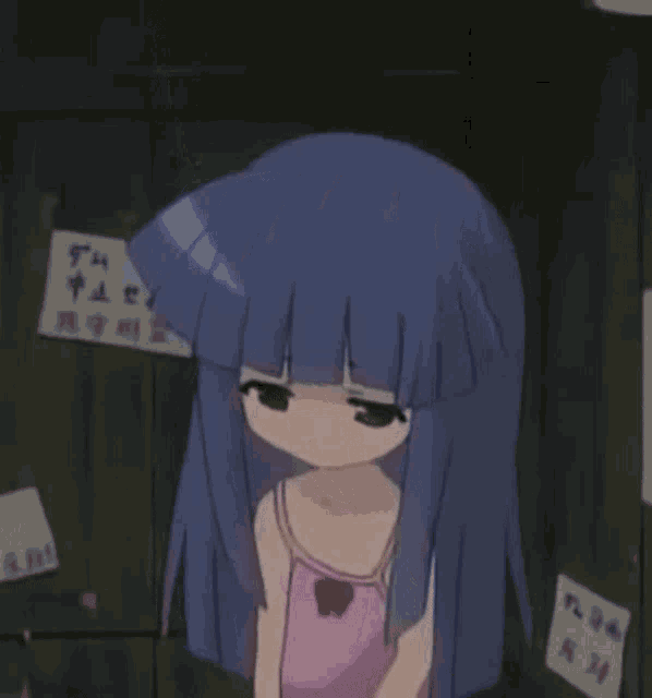 a cartoon girl with blue hair is standing in front of a sign that says ' chinese ' on it