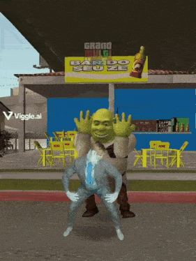 shrek and a man are dancing in front of a bardo seu ze sign