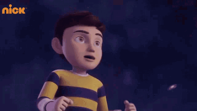 a cartoon boy in a yellow and purple striped shirt is looking at something in the sky .