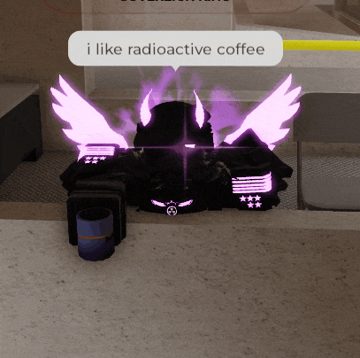 a video game character with purple wings and the words i like radioactive coffee below it
