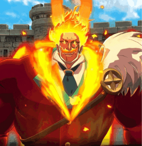 a man with a fire coming out of his chest is standing in front of a castle