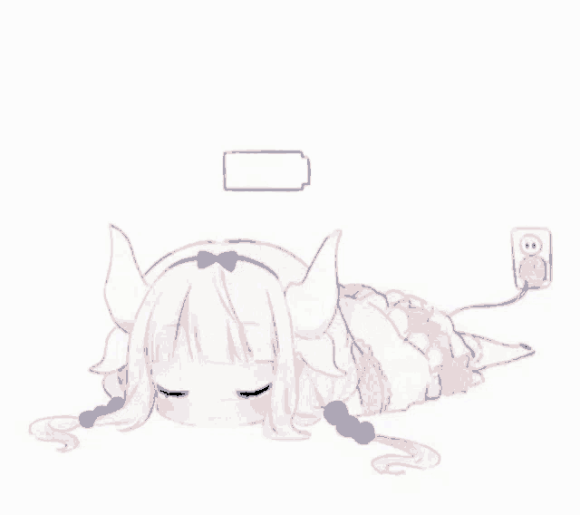 a little girl with horns is laying on the floor next to an electrical outlet with a battery coming out of her head .