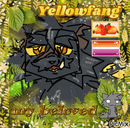 a picture of a cat with the words yellowfang my beloved on it