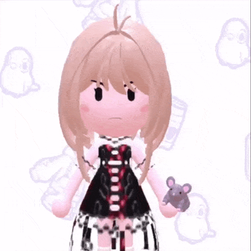 a cartoon girl with pink hair is holding a small mouse