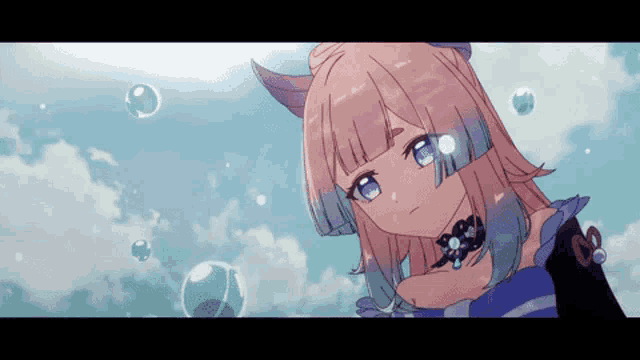 a girl with pink hair and blue eyes is standing in front of a blue sky