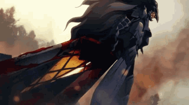 a man with long hair is holding a sword in his hand