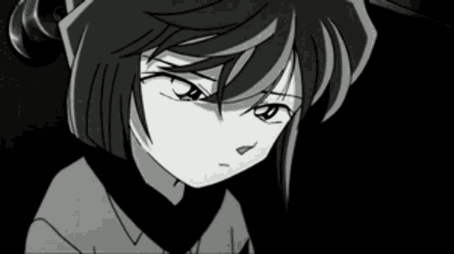a black and white drawing of a girl with short hair